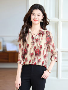 Fashionable Floral Print Open Cardigan Shirt Womens Mid-Sleeve Slimming Red Shirt Vintage Style Casual Polyester Fiber