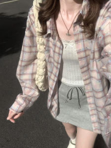 Áo Sơ Mi Kẻ Caro Nữ Mùa Hè 2025 Áo Chống Nắng Dài Tay Rộng Rãi Che Phủ Thân Hình Áo Sơ Mi Cổ Polo Cotton Nguyên Chất