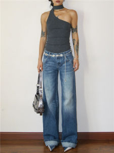 Extended Length High Waist Wide Leg Denim Jeans Womens Spring Summer Low Waist Chic American Vibe High Street Floor Length Pants