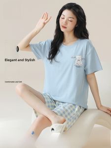 miiow | Pure Cotton Summer Sleepwear Womens Loose Short Sleeve Shorts Set Thin Cool Feeling Home Clothes Cat Person Chest Pad