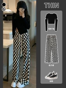 High Waist Plaid Straight Leg Cotton Trousers for Women Spring Autumn Asymmetric Street Style Wide Leg Pants Casual Wear