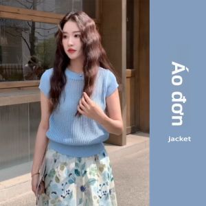 YUEZHONGWEI | Áo thun nữ tay ngắn dệt kim màu xanh rỗng mùa hè phong cách thường ngày cổ tròn dáng ôm vừa vặn chất liệu cotton