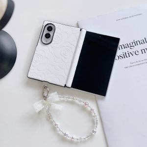 szhaiyu | For Samsung Galaxy Z Fold 8 Ultra Fold 8 7 6 5 Case With Hinge Protecror Leather Solid Camellia Pattern With Pearl Chain Strap