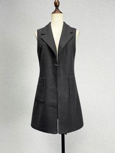 Gray Woolen Vest Womens Slim Fit Medium Length Suit Collar Pure Color Pocket Jacket Brand Discount Fashion Outerwear