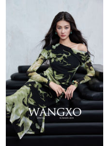 WANGXO | Đầm In Họa Tiết Voan Lấp Lánh Quai Ngang Xòe