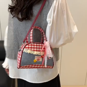 MOUSSON  กระเป๋าบอสตันผู้หญิงสไตล์เกาหลีแมทช์ลุคง่าย ins ลูกไม้โบว์บัลเล่ต์กระเป๋าสะพายข้างความจุขนาดใหญ่