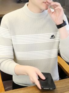 HENGYUANXIANG | Mens Thickened Half-High Collar Sweater Striped Knitted Inner Wear Fashionable Winter Top By Hengyuanxiang Casual Loose Fit