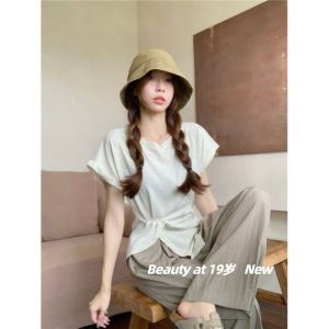 Summer Thin Short Sleeve T-Shirt Womens High Waist round Neck Pleated Design Irregular Top Korean Style Commute Fashion