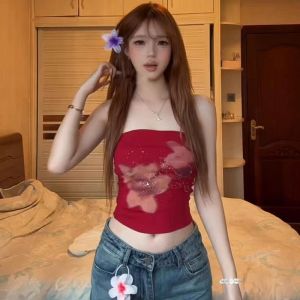 chaqi | Red Floral Print Sequin Womens Crop Top With Chest Pad Slimming Short Design Summer Sweet And Spicy Style Outerwear Shirt