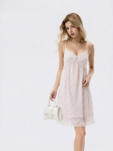 Mybody | Romantic Sweet Plaid Lace Bra Pad Ruffle Camisole Dress