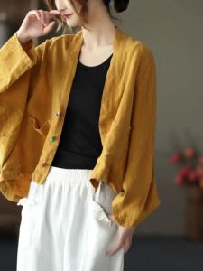 Retro Distressed Single Button Cotton Linen Blend Open Cardigan Womens Loose Slimming Long Sleeve Top Casual Style