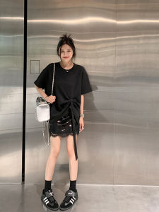 Womens Casual Loose Fit T-Shirt Short Sleeve Asymmetrical Pleated Design Mid-Length Korean Style Cotton Blend Top