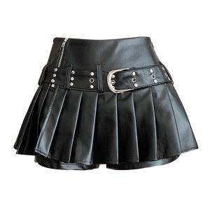Black PU Leather Mini Skirt High Waist A-Line Anti-Light Slimming Pleated Womens Autumn Winter Fashion Commute Style Belted