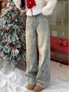 High Waist Thickened Fleece Lined Straight Leg Jeans Womens Autumn Winter New Style plus Size Fat MM Wide Leg Pants