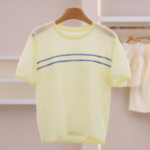 Thin Breathable Daily Wear Stripe Round Neck Short Sleeve Knitted Shirt
