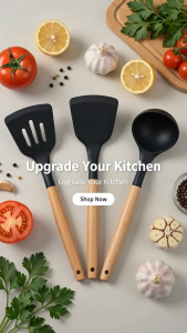 Nipiin Wooden Kitchen Silicone Utensils Kitchenware Set Cooking Utensils Heat Resistant Non Stick Spatula Soup Spoon