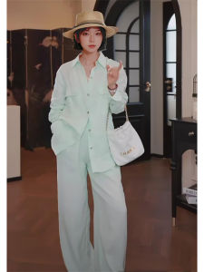 Loose Fit Linen Shirt Set Women Summer Travel Casual Vacation Sun Protection Two Piece Set Fashionable Long Sleeve Button up