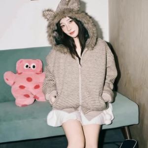 Vintage Beige Striped Long-sleeved Cat Ears Hooded Fur Collar Cotton Jacket Womens Autumn Winter Versatile Jacket Velvet Warm