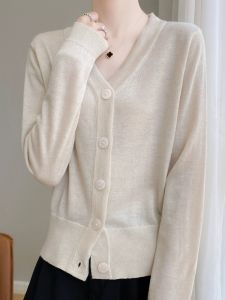 เสื้อคาร์ดิแกนคอวีไหมเงินไหมทองทรงสลิมฟิตสำหรับผู้หญิง เสื้อคลุมกันหนาวแบบสวมหัวแขนยาว ทรงหลวม สไตล์เกาหลี