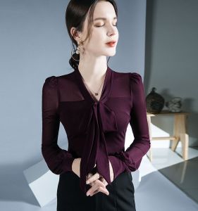 Womens Casual Long Sleeve V-Neck Shirt Butterfly Knot Tie Top Fashionable Inner Wear Lantern Sleeve Spring Autumn Top