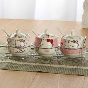 Creative Korean Style Ceramic Seasoning Bottle Cute Cartoon Three Piece Set Kitchen Storage with Spoon Holder Covered Hole