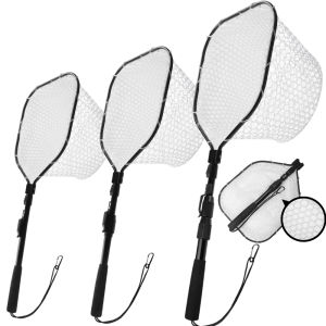 Rubber Mesh Fly Fishing Net Bass Trout Landing Net Folding Fishing Hand Nets for Fresh Water Safe Fish Catching or Releasing