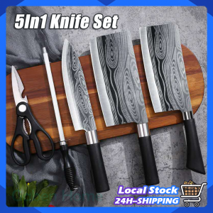 5Pcs Kitchen Knife Set Laser Damascus Stainless Steel Sharp Slicing Chef Knife Cleaver Scissors Sharpener Stick Knife Set