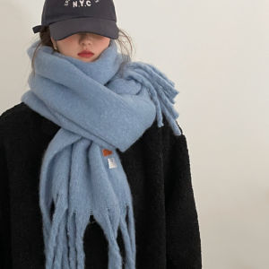 ผ้าพันคอสีน้ำเงินหนาสำหรับผู้หญิงในฤดูหนาว สไตล์เกาหลี เอฟเฟกต์หมอก ผ้าคลุมไหล่สองทาง ผ้าพันคอแบบถอดได้ ผ้าโพลีเอสเตอร์