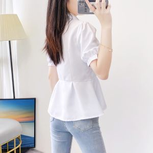 Stylish Summer Shirt Hemline Waist-Cinching Short Sleeve Cover Belly White Shirt Sweet Style Regular Sleeve Length Polo Collar