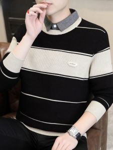 HENGYUANXIANG | Hengyuanxiang Mens Striped Knit Sweater Fashionable Urban Style Shirt Collar Premium Polyester Fiber Long Sleeve Autumn Winter