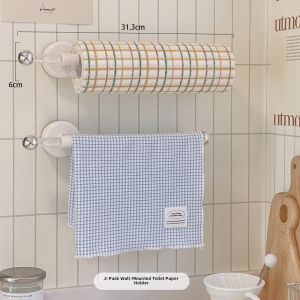 Kitchen Wall-Mounted Suction Cup Paper Towel Holder Roll Paper Holder Acrylic Storage Rack for Scissors Cloth Bar