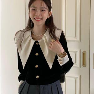 Retro Hong Kong Style Velvet Shirt Womens Sweet Doll Collar Fashionable Commute Top Autumn Winter New Arrival Ladies Shirt