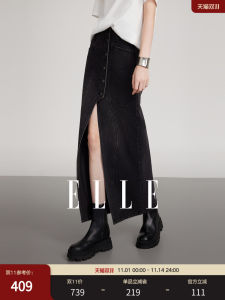 Elle Casual mid Waist Commute Denim Mini Skirt Womens Spring Autumn New Style Split Straight Cut Skirt Cotton Polyester Blend