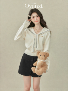 OUYANGXI | Áo Sweater Len Kẻ Dài Tay Cổ Thủy Thủ Phong Cách Hàn Quốc Đầu Thu