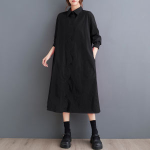 Fashionable Korean Style Shirt Dress Slimming Elegant Trendy Loose plus Size Womens Clothing Commute Pure Color A-Line Skirt