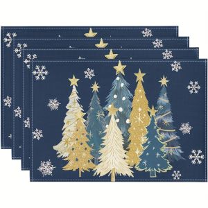 VIKAMA 4-Piece Christmas Deep Blue Gold Snow Placemats Winter Solstice Gathering Christmas Party Family Table Decor Accessories