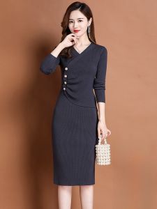 Womens Wool Knitted Dress Mid-Length Slim Fit Autumn Winter Fashionable Base Layer Sweater Dress Knee-Length V-Neck Long Sleeve