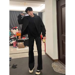 Quần Ống Đứng Màu Đen Cạp Cao Cho Nam Mùa Xuân Thu Quần Ống Rộng Thoải Mái Cho Thanh Thiếu Niên Quần Ống Rộng