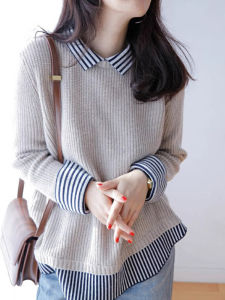 Áo Len Dệt Kim Dài Tay Kẻ Sọc Cổ Polo Rộng Rãi Phong Cách Hàn Quốc Áo Khoác Nữ Thu Đông Áo Khoác Ngoài Thường Ngày