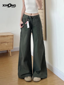 American Military Green Work Pants Womens Autumn 2025 Vintage Multi Pocket Casual Wide Leg Straight Micro Flare Jeans