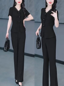 Summer 2025 Fashion Short Sleeve Set Women Elegant Slimming Chinese Style Button Top Micro Flared Pants Two Piece Set