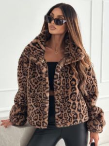 Fall and Winter New Arrival Fashion Wind AliExpress Fashion Thickened Fleece-lined Leopard Print Loose Casual Fur Short Outwear Cardigan