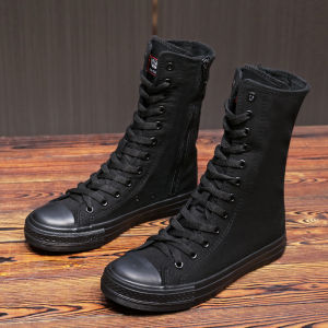 Casual Low Top Pure Black Canvas Shoes for Women Work Street Style Slip-On round Toe Rubber Outsole Cross Buckle Detail