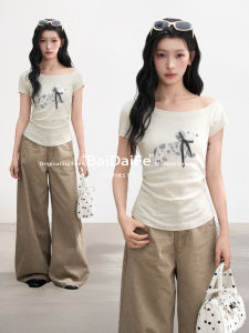 BAIDAIFEI | Flower Gray One-Shoulder Asymmetrical Slim Fit T-shirt