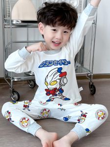 Childrens Cotton Pajamas Set Boys Underwear Long Sleeve Cartoon Ultraman Baby Autumn Winter Thickened Home Wear Innerwear Set