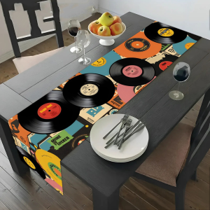 Retro Music Vinyl Record Table Runner 70s 80s Nostalgic LP Print Table Cover for Music Themed Party Supplies & Dining Room Deco
