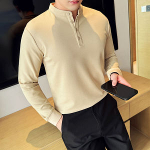 Fashionable Urban Chinese Style Long Sleeve Polo Shirt Mens Henry Collar Basic Style Slim Fit Inner Wear Top Trendy T-Shirt