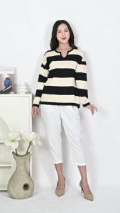 QUEENTIN Sweater Wanita Rajut 3121 Viscose Polyamide Knit Motif Salur Lengan Panjang