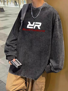 เสื้อยืดแขนยาวผู้ชายสไตล์อเมริกัน สไตล์ฤดูใบไม้ผลิและฤดูใบไม้ร่วง ทรงหลวมๆ ทรงพอดีตัว เสื้อผ้าผู้ชาย ใส่สบาย ผ้าฝ้ายแท้