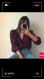 🎀Korean Fashion🎀เสื้อเชิ้ตคอวีลึก จั๊มแขนทรงสามส่วน พิมพ์ลายหัวใจสีแดง ผ้าชีฟองผสมโพลีเอสเตอร์ แฟชั่น